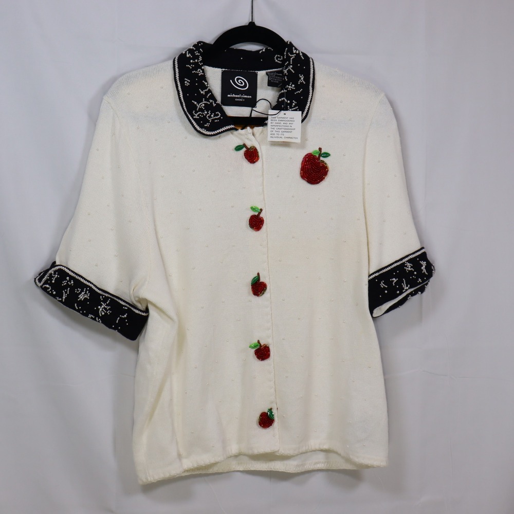 Michael Simon Apple Beaded Cardigan XL White Womens Teacher Core Vintage